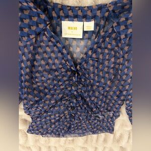 Anthropologie Geometric Blue and Brown cropped sheer Blouse Sz S So cute! NWOT
